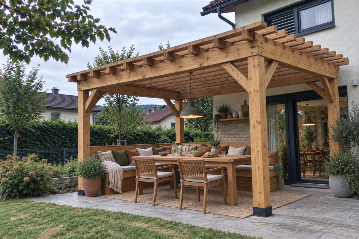 Lesena pergola s kotno klopjo in jedilno mizo na terasi