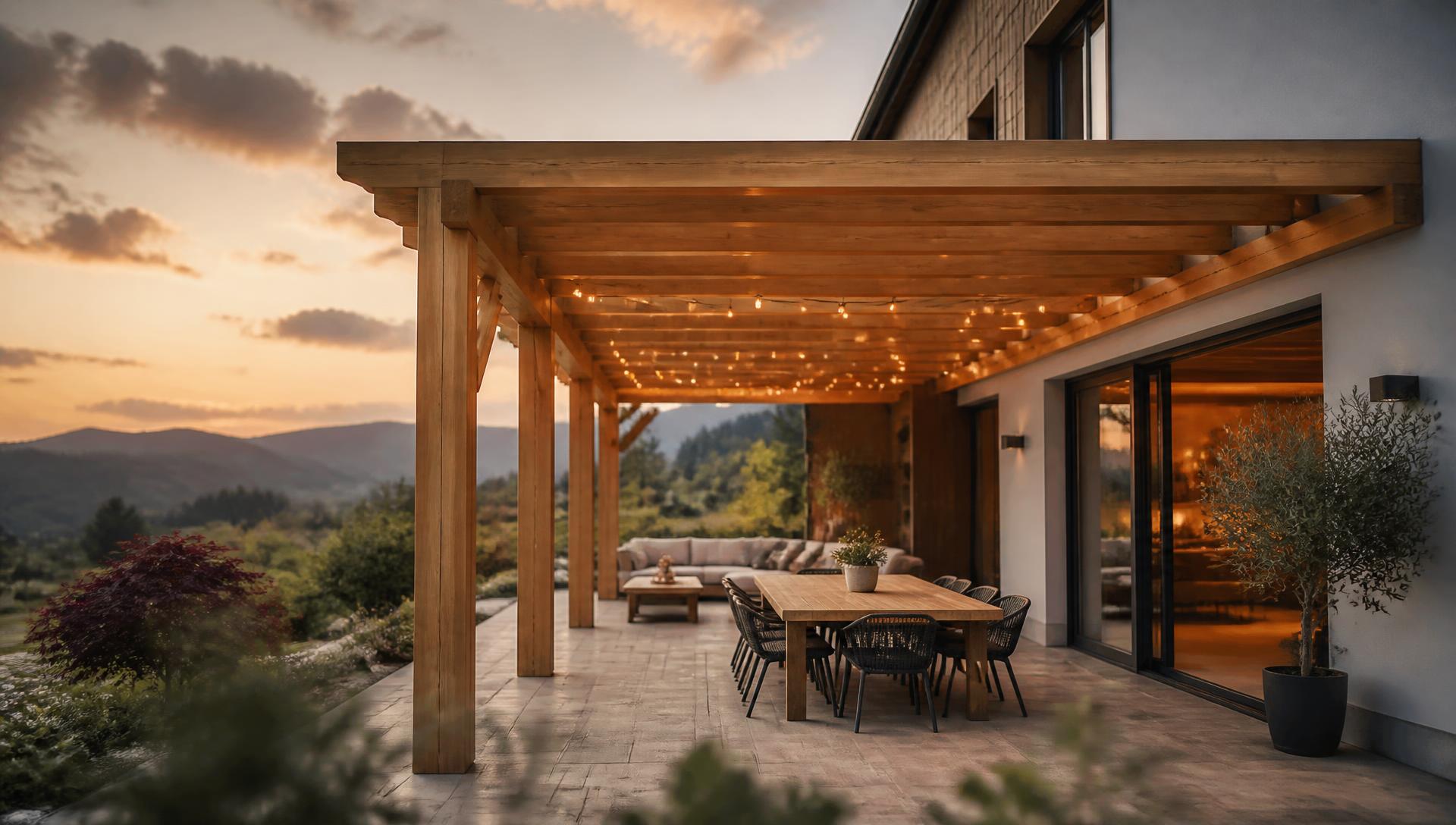 Lesena pergola nad kamnito teraso sodobne hiše v večerni svetlobi